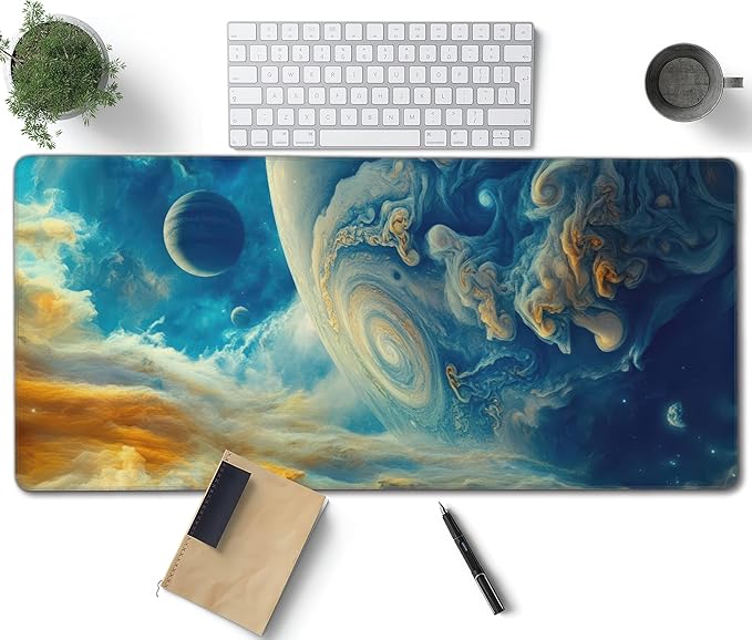 Spectacular Cosmic Planets Large Mouse Pad, Vintage Aesthetic Gaming Desk Mat, XXL Keyboard Desk Pad Mat for Desktop, 35.4"x15.7" Non-Slip Base Big Mousepad with Stitched Edges