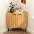 Fluted Corner Cabinet, Modern Small Corner Floor Cabinet with 2 Doors and 2-Tier Shelves, Freestanding Narrow Organizer for Living Room Kitchen Bathroom, Natural Oak