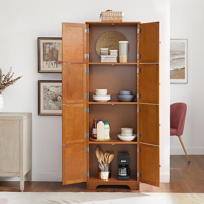 72" Tall Farmhouse Storage Cabinet, 4 Tier Kitchen Pantry Cabinet with 4 Shelves & 8 Doors, Freestanding Floor Storage Cabinet Wooden Organizer Bookcase for Living Room, Kitchen (Oak)