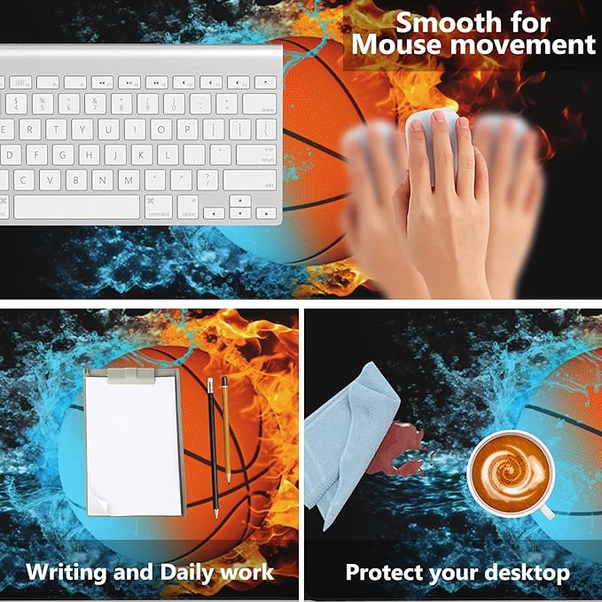 Gaming Mouse Mat Basketball Ball in Fire and Water Large Mouse Pad Extended Mouse Pad Desk Mat Non-Slip Rubber Base Mice Pad Desk Pad for Office Game Home 35.4x15.75 in