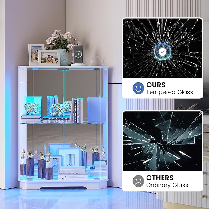 Corner Display Cabinet Set of 2 with Glass Doors, Small Display Case with 3-Color LED Lights and Charging Station, 2-Tier Curio Cabinet with Storage and Shelf, White