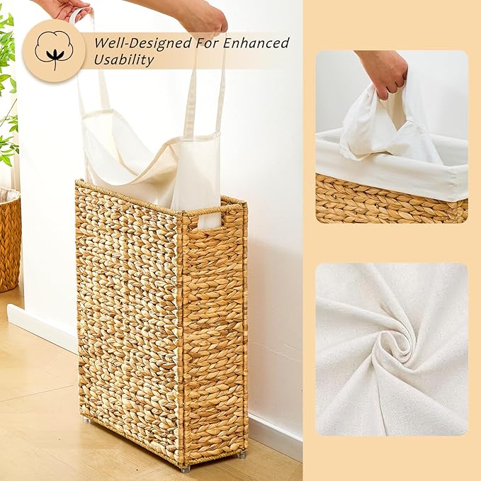 Handwoven Slim Laundry Hamper, 55L Narrow Laundry Basket, Natural Water Hyacinth Basket and Handles and Removable Liner Bag & 2 Mesh Bags (Natural, 55L)