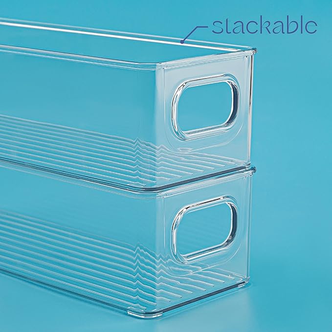 primebox Plastic Food Storage Clear Container 2 Pack Bin with Handles for Organizing Kitchen, Pantry, Refrigerator, Freezer, Pantry, Cabinet, Closet, Bathroom. Stackable 10”x4”x3”
