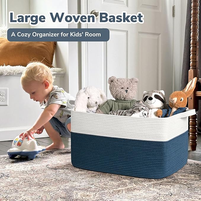 Goodpick Large Storage Baskets for Organizing, Woven Baskets for Storage, Blanket Basket Living Room, Rectangle Dirty Clothes Basket for Laundry, 21.6" x 14.9" x 11.8", Blue