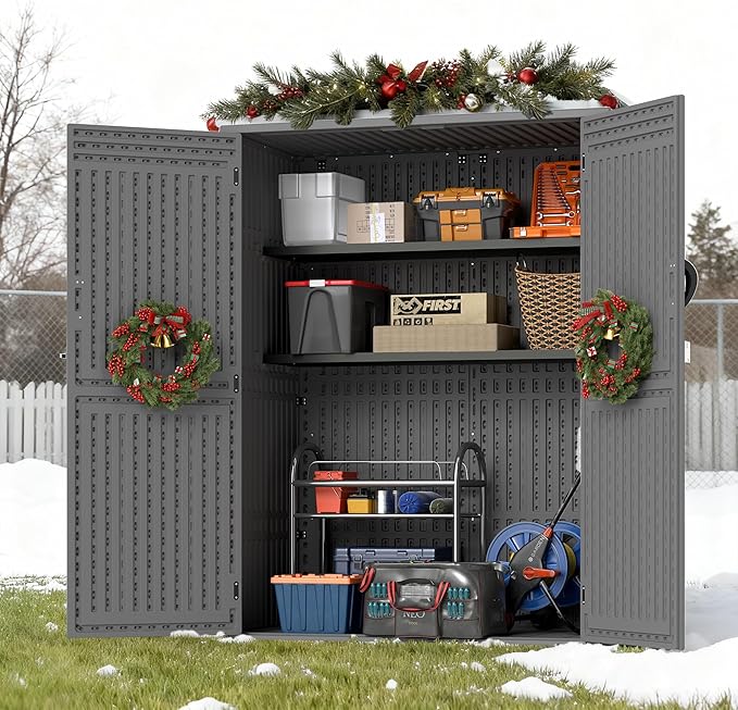 EHHLY Vertical Resin Storage Shed, 60 Cuft Garden Tool Sheds & Outdoor Storage, Plastic Outdoor Storage Cabinet Waterproof, 4.5 x 2.3 ft Backyard Outside Lawn Mower Storage Shed, Grey