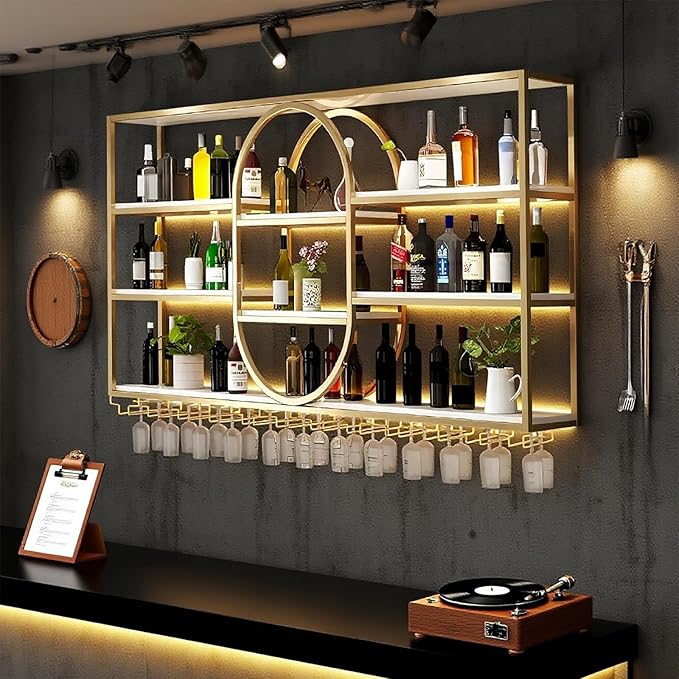 55.1IN Large Wall Mount Wine Rack, Metal 4 Tier Hanging Bottle Holder with Wine Glass Storage Racks, Modern Floating Wine Shelves for Home Bar Dining Room Decoration (Gold)