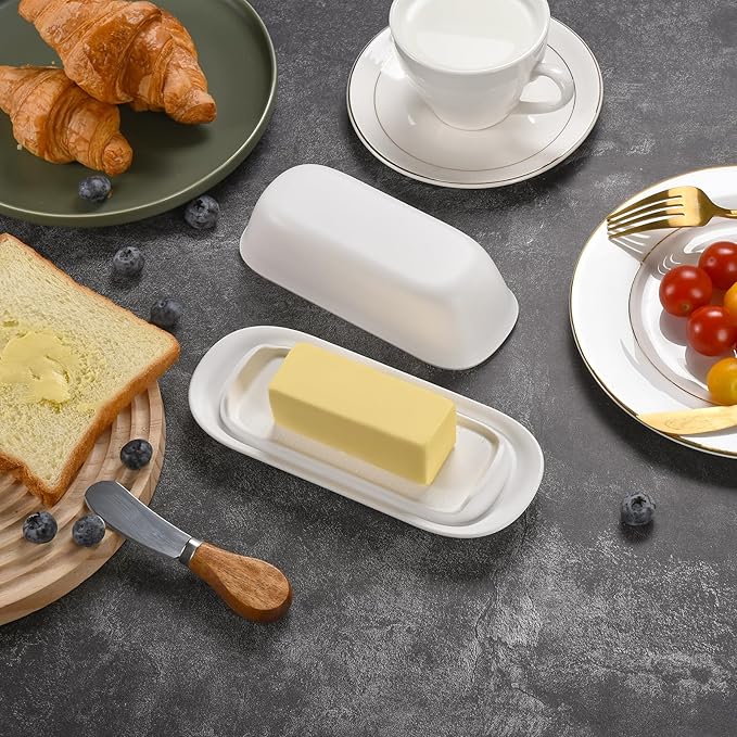 Butter Dish with Lid, Butter Keeper for Countertop, Airtight Butter Dish, Plastic Butter Keeper Tray for West/ East Coast Butter, Dishwasher Safe(White)
