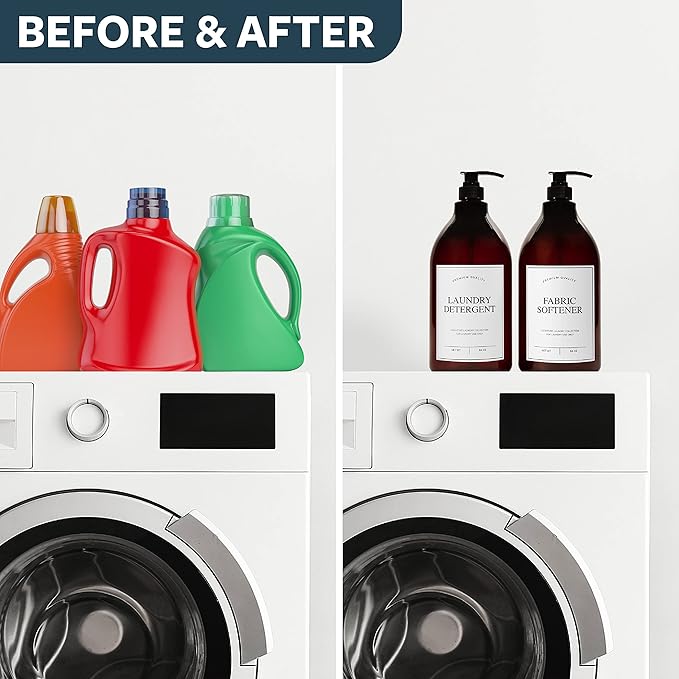 Calindiana Modern Farmhouse Liquid Laundry Detergent and Fabric Softener Dispenser for Laundry Room Decor and Organization, PET Plastic Landry Soap Containers with Water Resistant Labels, Amber 64oz