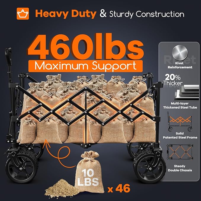 220L Collapsible Wagon Cart Foldable, 460lbs Load Capacity Heavy Duty Folding Beach Wagons with Big All-Terrain Wheels, Utility Carts for Groceries, Camping, Sports - Grey&Burgundy