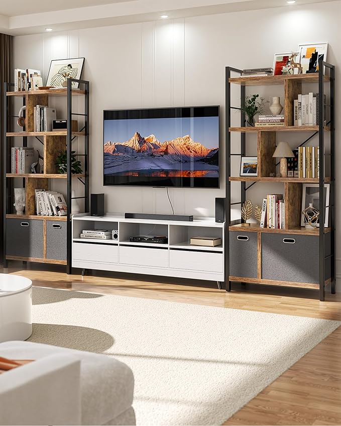 Armocity Bookshelf with Drawers - 5 Tier Tall Bookcase Geometric Modern Book Shelf Display Standing Bookshelves with Storage for Living Room, Bedroom Home Office, Rustic Brown