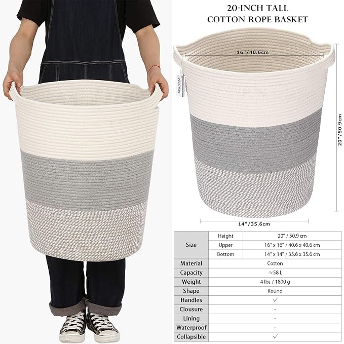 Sea Team Large Size Cotton Rope Woven Storage Basket with Handles, Laundry Hamper, Fabric Bucket, Drum, Clothes Toys Organizer for Kid's Room, 20 x 14 inches, Round Open Design, White & Mottled Grey