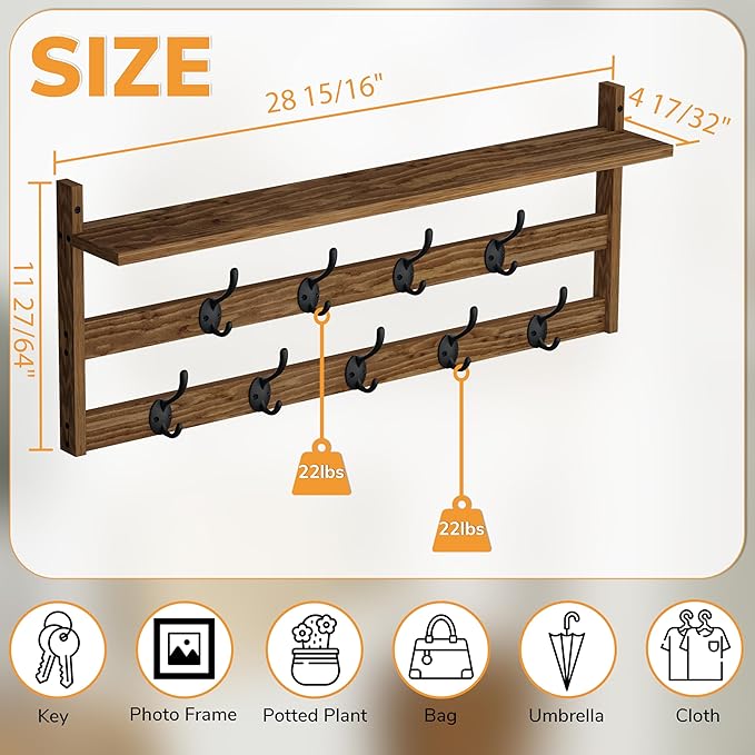 AMBIRD Coat Rack Wall Mount with Shelf, 29" Coat Hooks Wall Mounted with 9 Metal Hooks for Entryway, Bathroom, Bedroom, Living Room, Kitchen, 2 Tier Wall Hooks for Clothes, Hat, Towel, Key, Purse