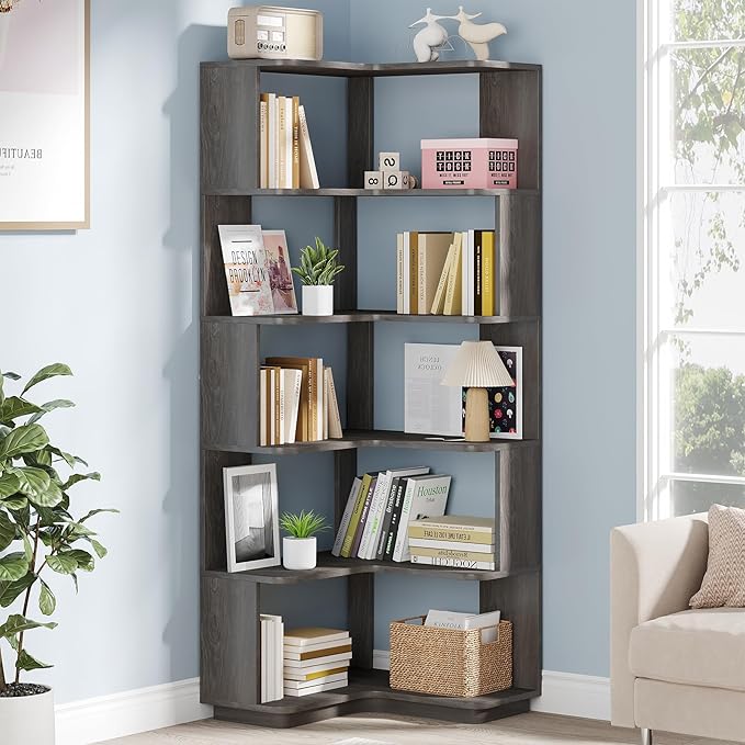 Tribesigns 6-Tier Corner Bookshelf, 64.9 Inches Tall Corner Bookcase with Anti-Drop Panel, Modern Freestanding Shelf Display Rack Storage Organizer for Home Office, Living Room, Grey