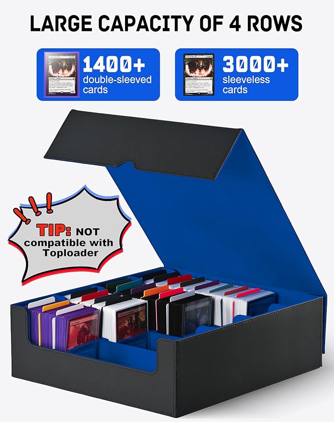 ZLCA Card Storage Box for MTG PTCG, Commander Deck Box Holds 3200+ Cards, Trading Card Storage Case with 4 Stoppers, Card Organizer for TCG Sport Cards(Black&Blue)