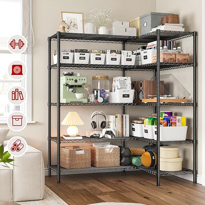 REIBII 1450LBS Metal Shelving Unit Storage Shelves 5 Tier Wire Shelving 58.1''W Pantry Shelves Wire Shelf Adjustable Garage Shelving Heavy Duty Storage Rack for Pantry Kitchen Garage, Black