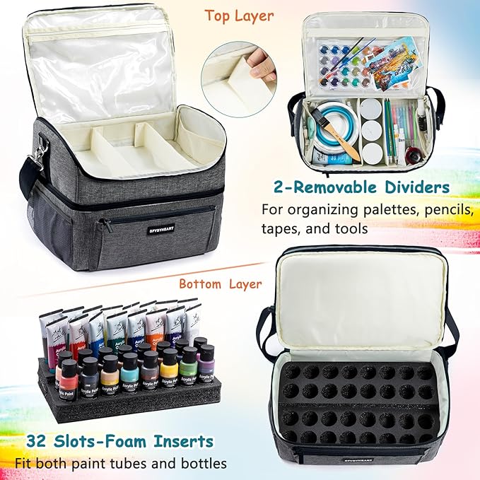 Acrylic Paint Organizer Bag with Washable Roll-Up Brush Holder, 2-Layer Art Supply Case, Large Craft Organizer with Foam Inserts for Apple Barrel, Shuttle Art, Caliart Art Supplies Storage Bag
