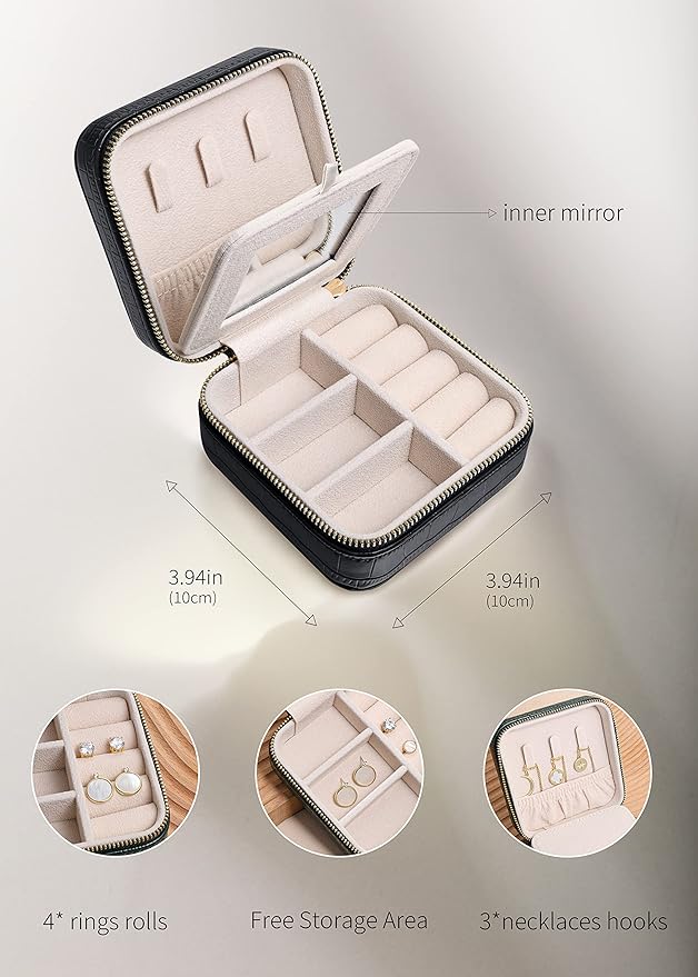 S.Leaf Travel Jewelry Organizer Boxes for Women Small Portable Necklace Earrings Bracelet Rings Travel Case Best Friend Birthday Gifts for Women Trendy (11_Pattern_Crocodile_Black_01)