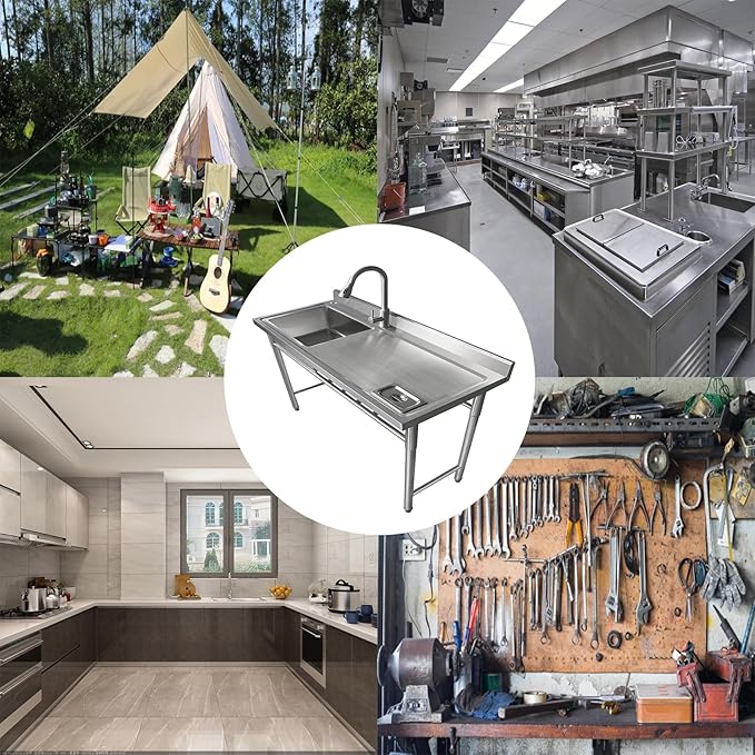 Qian Kun Free Standing 39.3 * 19.7 * 35.4 Left Single Bowl Outdoor Kitchen Sink (304 Stainless Steel, Pull Down Sprayer & Drain Pipe, Commercial Restaurant, NSF Certified)