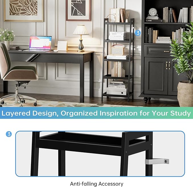 SMIBUY Bamboo Ladder Bookcase, Bathroom Storage Rack Organizer, 4 Tier and 5 Tier Freestanding Plant Display Stand Space Saver Shelves for Bedroom, Kitchen, Balcony (Black, 5 Tiers (50" H))