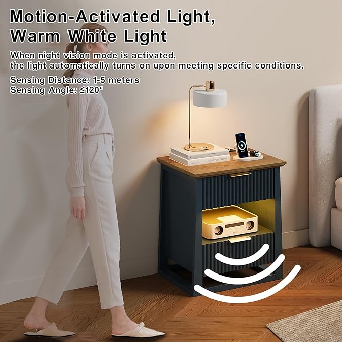 HIFYOBRO Fluted Nightstands with Charging Station & Motion Sensor Light, Modern Bedside Tables with 2 Drawers and Storage Shelf for Bedroom, Living Room,Blue
