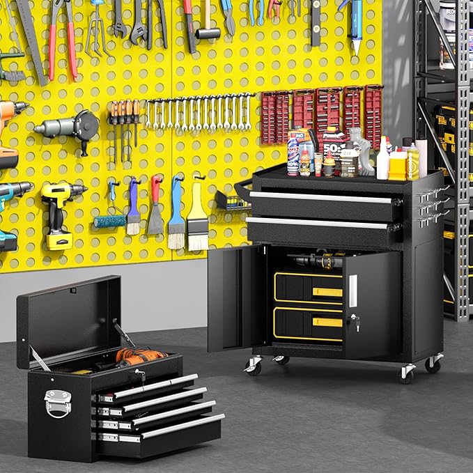 Greenvelly Metal Tool Chest,8-Drawer Rolling Tool Cart with Wheels,2 in 1 Detachable Tool Cabinets,Tool Box,Liners and Locking System for Garage,Warehouse,Workshop, Barbershop(Black)
