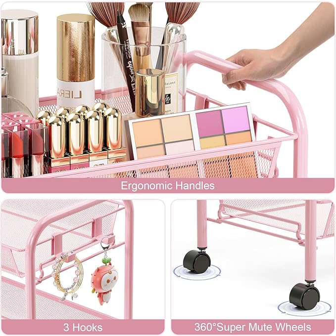 TOOLF 3 Tier Rolling Utility Cart - Durable Metal Design Pink Utility Cart, Storage Trolley on Wheels with 3 Hooks, Perfect for Kitchen, Bathroom & Laundry Room Organization