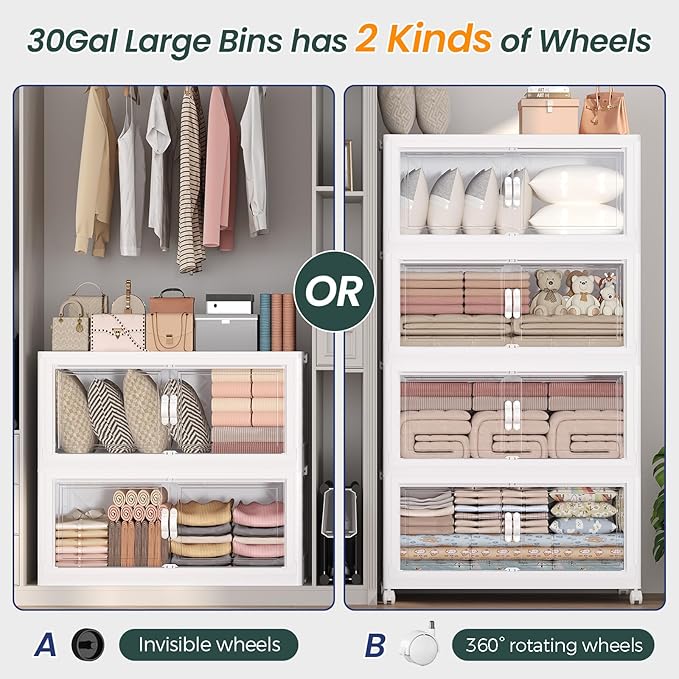 720QT Extra Large Stackable Storage Bins with Lid, 180Gal Collapsible Closet Organizer Box with Wheels, Folding Plastic Storage Cabinet with Doors for Home Kitchen Office Dorm, 6Pack White