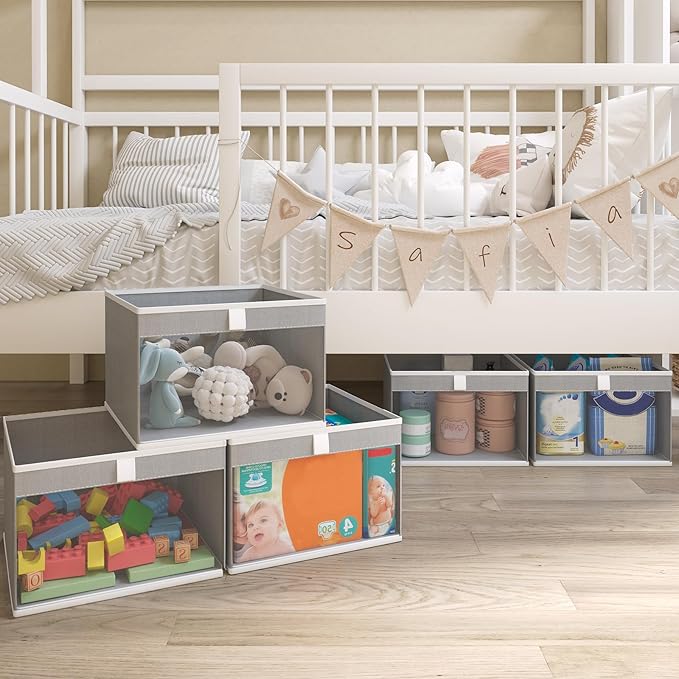 Linen Closet Organizers and Storage, Closet Storage Bins Basket Organizer, Foldable Organization Baskets with Mesh Window for Clothes Towels and Toys, 10.75" x 10.75" x 7.5", Gray, 4 pack