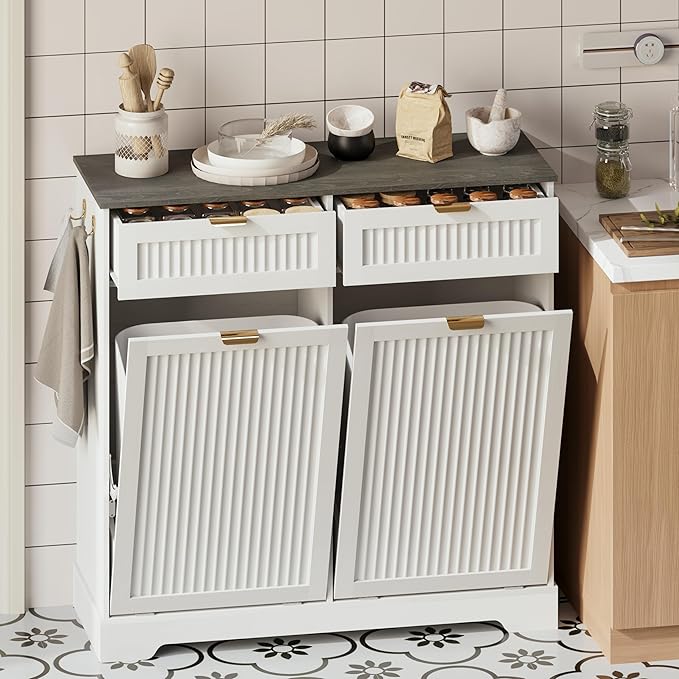 2x13 Gallons Double Tilt Out Trash Can Cabinet, Wooden Fluted Trash Garbage Can Cabinet with 2 Drawers, Hidden Laundry Hamper with Hooks for Kitchen Living Room, White
