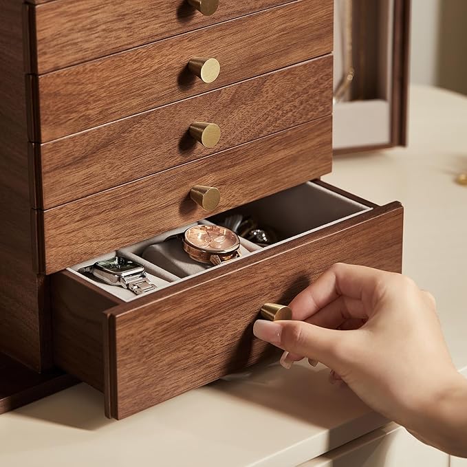 Black Walnut Wooden Jewelry Box, Wood Jewelry Organizer with 2 Side Doors Mirror Lockable Classical Style for Watch Necklace Ring Earring Storage Christmas Gifts-6 Layer