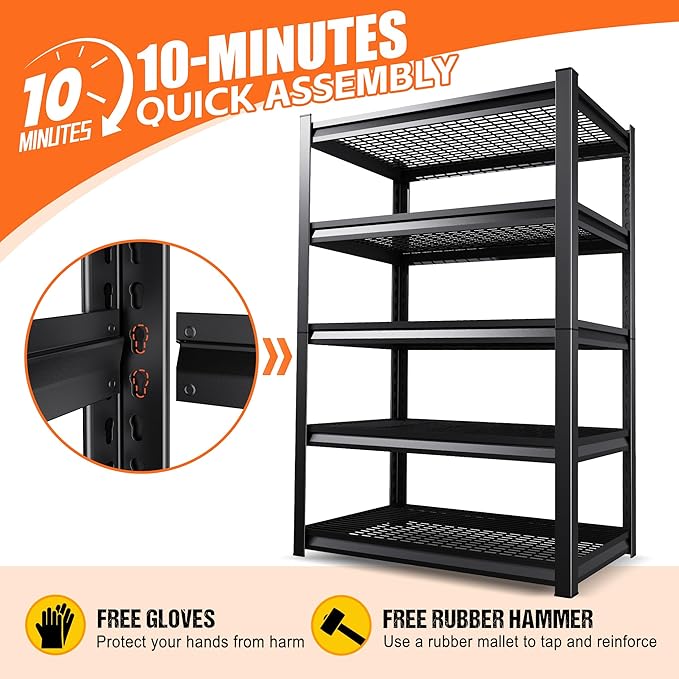 71" H Garage Shelving Heavy Duty Storage Shelves, 5-Tier Adjustable Metal Shelving Unit, Utility Garage Organizer Shelf for Basement, Pantry, Kitchen, Warehouse,17.7" D x 45.6" W x 71.2" H