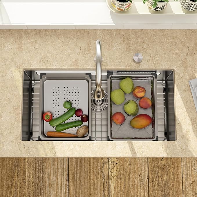 Lordear 30 Inch Undermount Waterfall Kitchen Sink - 30 Inch Undermount Kitchen Sinks Workstation 16 Gauge Single Bowl Handmade Under Counter Smart Kitchen Sink