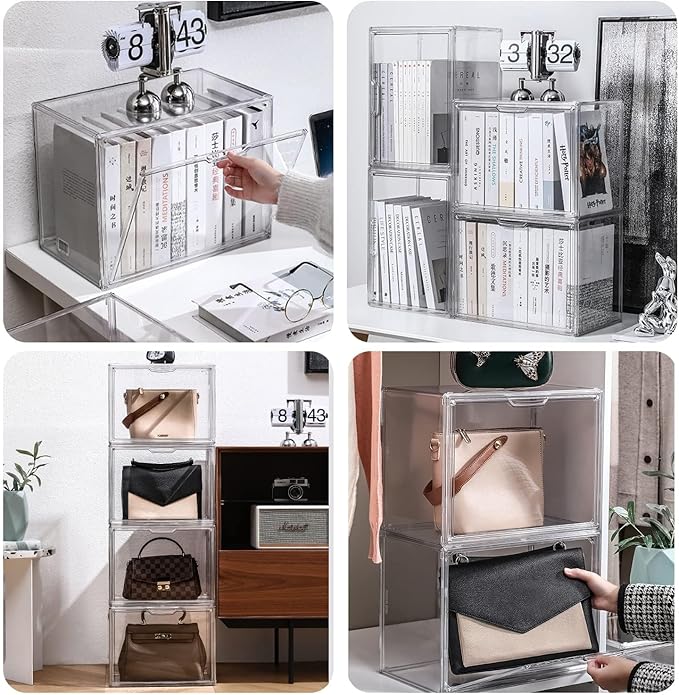 Clear Stackable Plastic Storage Bins with Magnetic Lid, Dustproof Book & Cosmetic Display Cases, Large Figures Collectibles Showcase, Shoe Box, Protection Organizer (Clear-L-1 Pack)