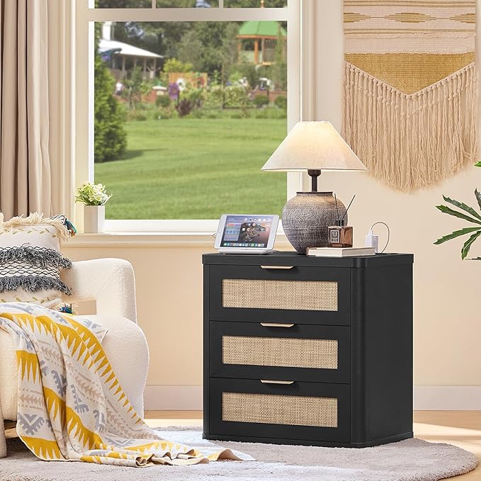 LEYAOYAO Rattan Night Stand Set of 2 with Charger Station, 23" Large 3 Drawer Boho Nightstand, Black Bedside Table Storage Cabinet, Bed Side End Tables for Bedroom, Living Room, Hallway