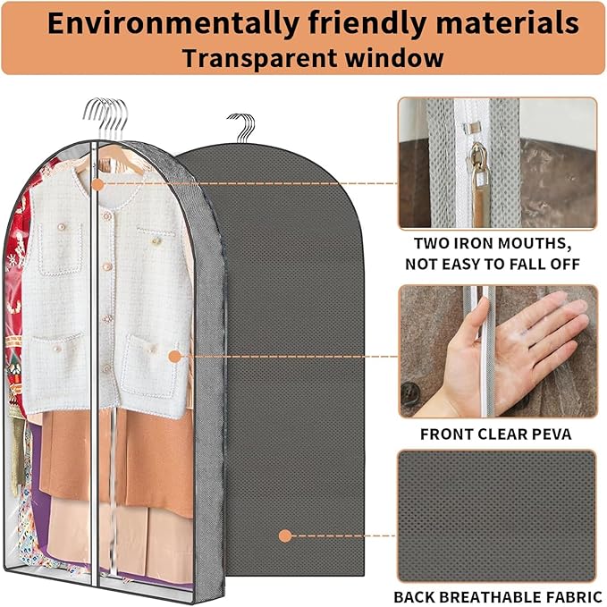 3 Pcs Garment Bags, 40" & 50" PEVA Moth-Proof Breathable Dust Cover, Hanging Clothes Covers with Bedroom, Suits, Padded Clothes, Shirts Prevent Dust