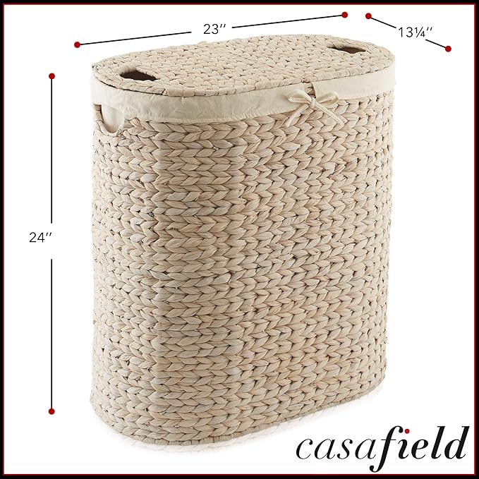 Casafield Oval Laundry Hamper with Lids and Removable Liner Bags - Whitewash, Woven Water Hyacinth 2-Section Laundry Basket Sorter for Clothes, Towels