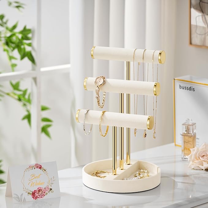 Bracelet Holder Jewelry Organizer Display - 3 Tier T Bar Velvet Stand, Beige Necklace Holder Organizer, Bracelet Holder, Earring Holder and Ring Display for Jewelry Organizers and Storage