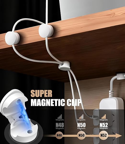 6 Pack Silicone Cord Organizer, Adjustable Magnetic Cable Clips, Strong Adhesive Cable Management Under Desk Wire Hider, Cord Holder for Nightstand, Desk, Wall, Home Office (White)