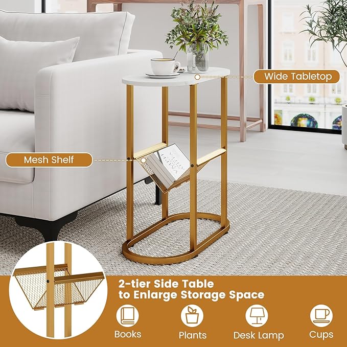 Tangkula Oval Narrow Side Table, 2-Tier End Table with Mesh Magazine Rack, Steel Frame, Industrial Nightstand, Compact Sofa Bedside Table for Living Room Bedroom, White & Gold