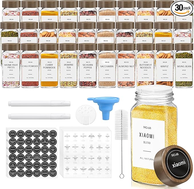 ZEHIQ 30Pcs Glass Spice Jars with Acacia Wood Lids, 4 oz Square Seasoning Containers with Labels, Seasoning Jars with Shaker Lids, Chalk Pen, Funnel, Cleaning Brush, Spice Bottles for Cabinet, Drawer