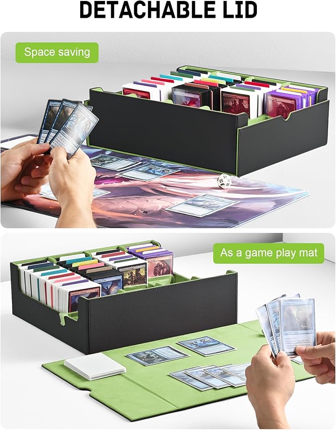 ZLCA Card Storage Box for MTG PTCG, Commander Deck Box Holds 3200+ Cards, Trading Card Storage Case with 4 Stoppers, Card Organizer for TCG Sport Cards(Black&Green)