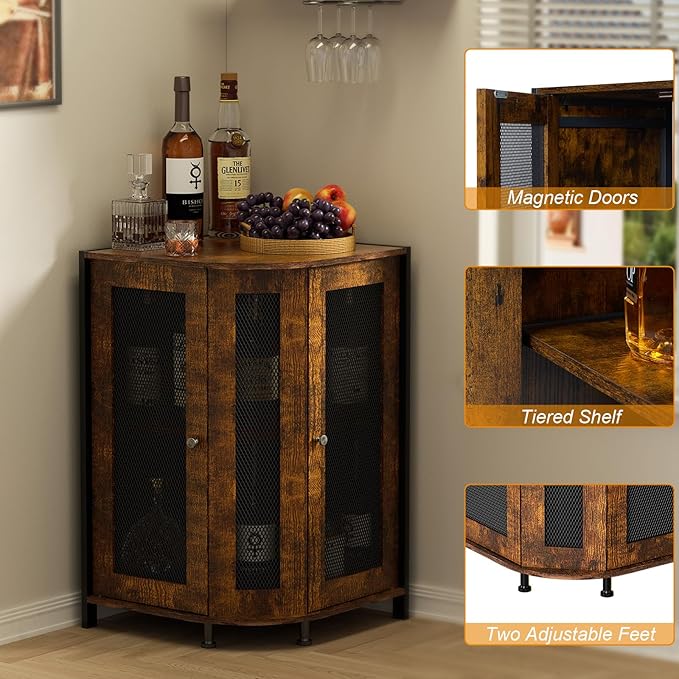 JKsmart Corner Storage Cabinet with Open Shelf, 3-Tier Industrial Wine Bar Shelf with Door, Industrial Corner Cabinet for Kitchen, Living Room, Dining Room, Rustic Brown