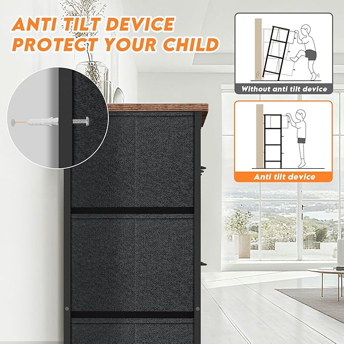 Curved Profile Dresser for Bedroom，5 Fabric Drawer Dresser with Waterproof Wood Top Chest of Drawers for Hallway, Living Room, Kid Room (Rustic Brown)