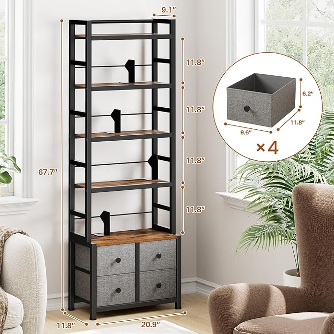 5 Tier Bookshelf, Modern Bookcase with Bookends and 4 Drawers Storage Organizer, Metal Industrial Display Shelf, Free Standing Storage Shelving Unit for Bedroom, Living Room and Home Office