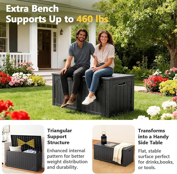 Outdoor Storage Box,100Gallon Deck Box Outdoor Storage Bench Outside Waterproof Resin Storage Bench, Lockable Patio Cushions, Garden Tools Storage For Furniture, UV Resistant(Ebony Black)