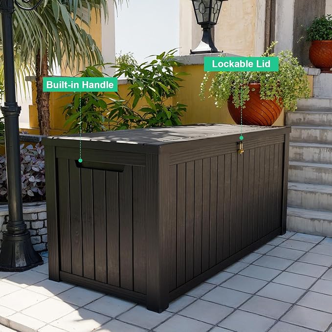 200 Gallon Outdoor Deck Box,Storage Lockable Waterproof Patio Furniture,Garden Tools,Cushions,Pool Accessories Outside Storage Resin Box(Black)