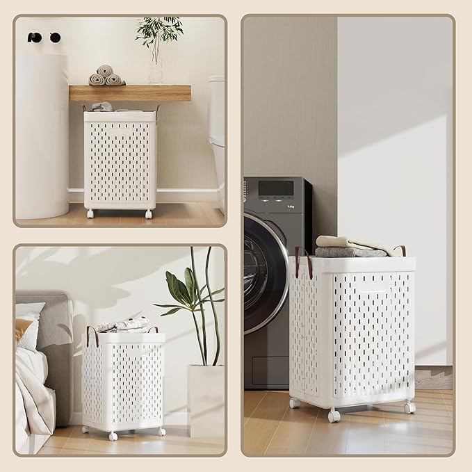 UAK Laundry Basket with Wheels, Collapsible Plastic Laundry Hamper with Handle, Foldable Laundry Basket Organizer for Laundry and Bathroom (‌Pure white, XXL)