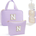 YOOLIFE Hanging Toiletry Bag for Women - Large Travel Toiletry Bag Makeup Bag, Portable Toiletries Cosmetic Bag, Airplane Travel Essentials - Letter N, Purple