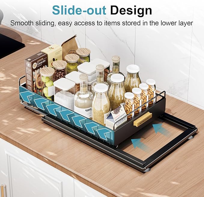 Under Sink Organizer, 2 Pack Pull Out Kitchen Cabinet Organizer, Mute Slide-Out Under Sink Organizers and Storage, Metal Kitchen Bathroom Organizers and Storage Shelves, Black