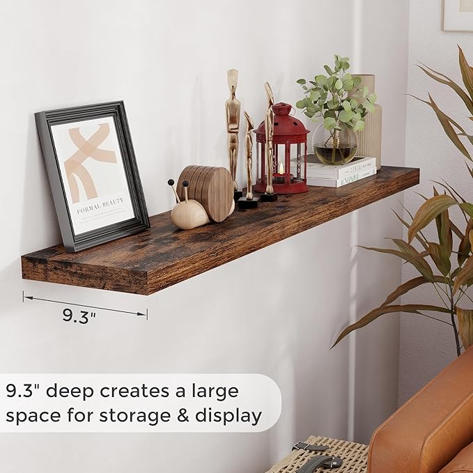 Fun Memories 55Inch Floating Shelves for Wall 1 Pack Shelves for Bedroom|Kitchen|Bathroom Wall Mounted Rustic Wood Floating Shelf with Invisible Brackets for Books|Storage|Decor, Rustic Brown